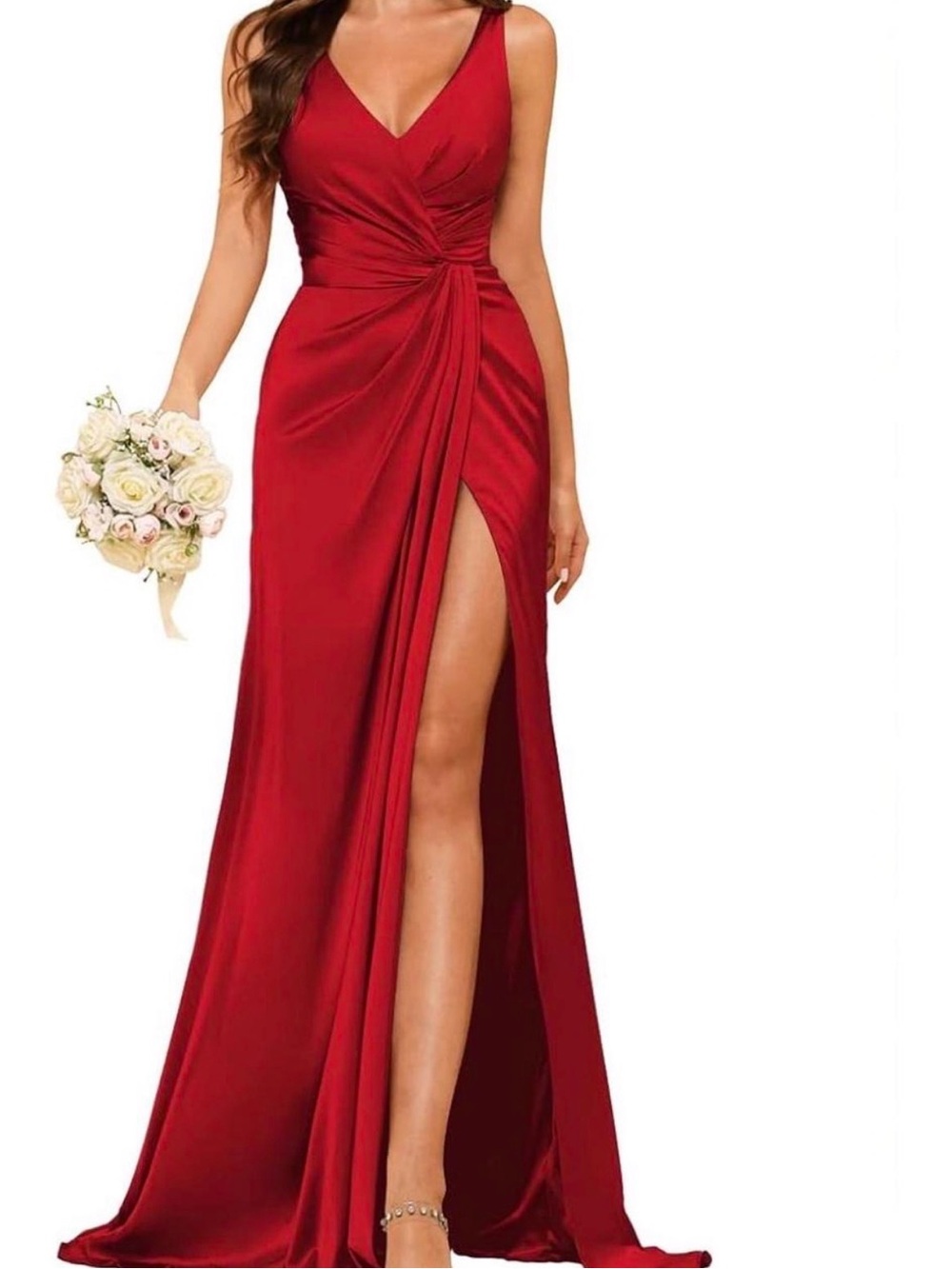 Women's Red Satin V-Neck Formal Dress